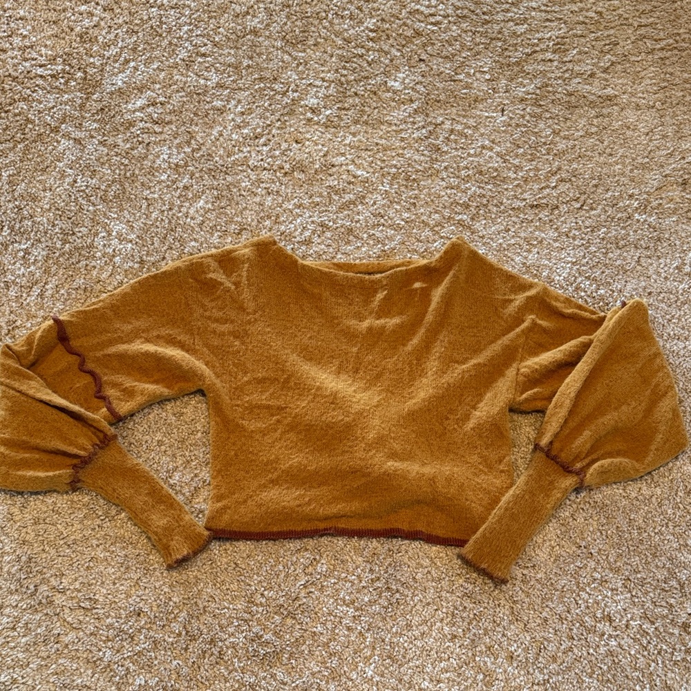 Women's Mustard Open-back Sweater with Puff Sleeves